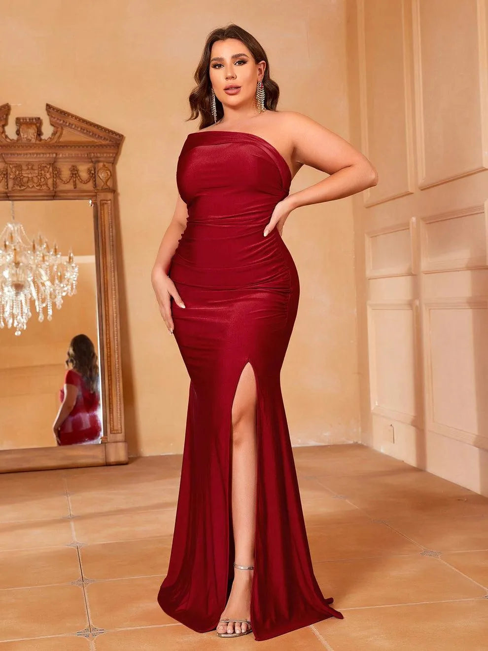 Additional product view of Mermaid Hem Plus-Size One-Shoulder Knit High-Slit Evening Gown
