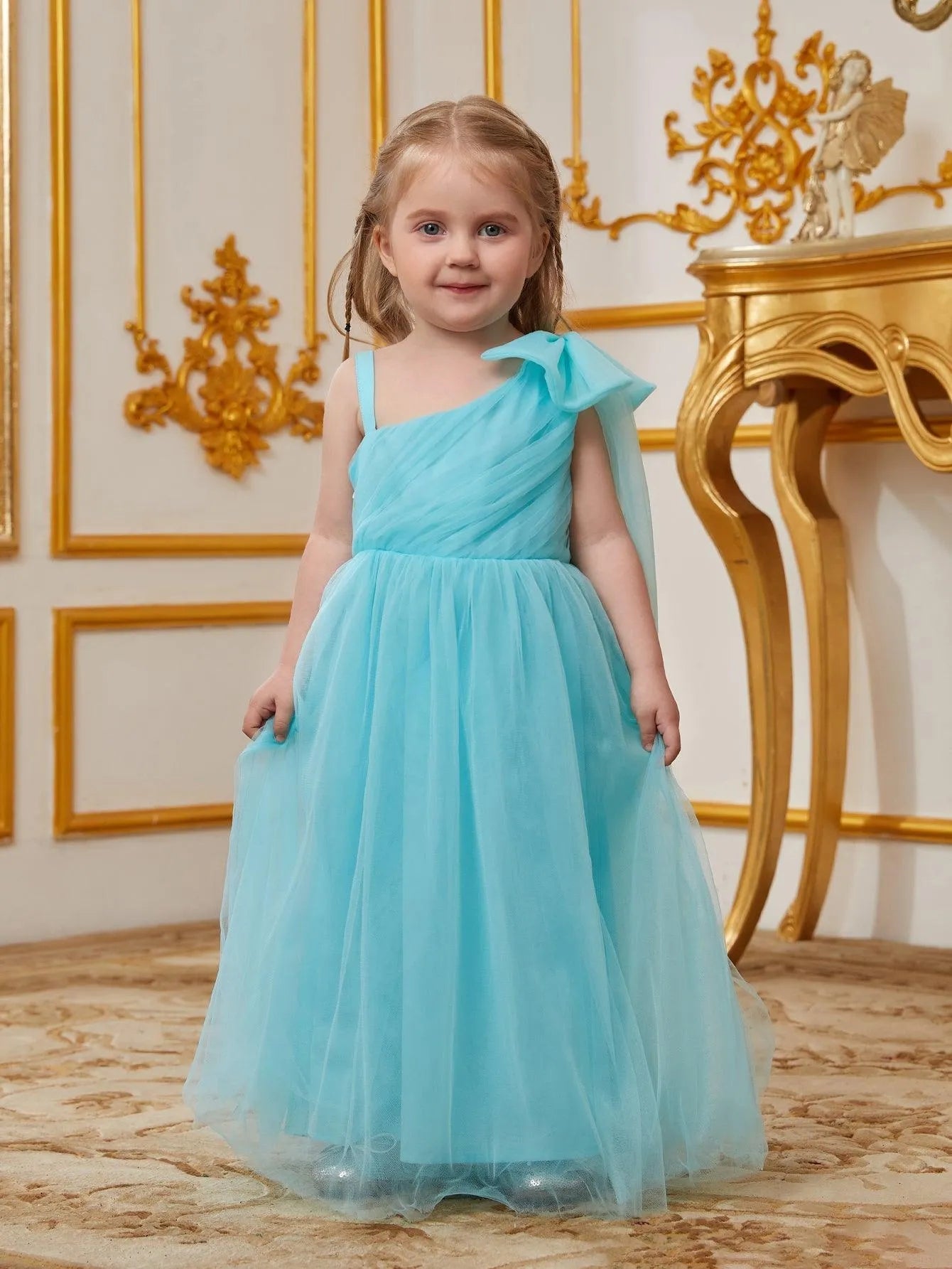 Young Girls' One-Shoulder Tulle Sleeveless A-Line Formal Gown — authorized product image 4