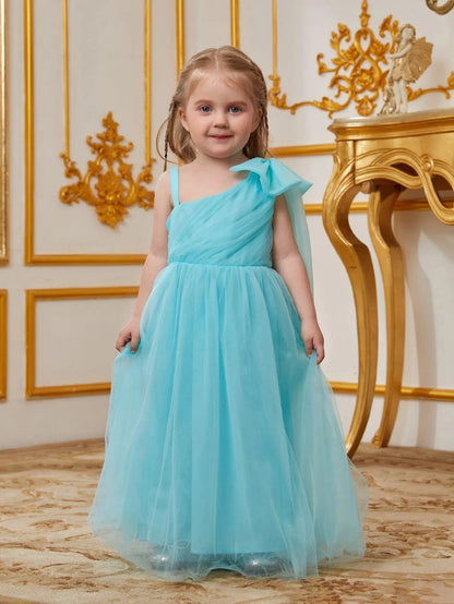 Young Girls' One-Shoulder Tulle Sleeveless A-Line Formal Gown — authorized product image 4