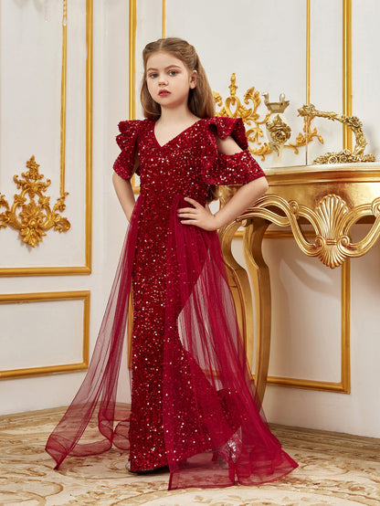 Additional product view of Mesh Overlay V-Neck Sequin Mermaid Short-Sleeve Tween Girls' Party Dress