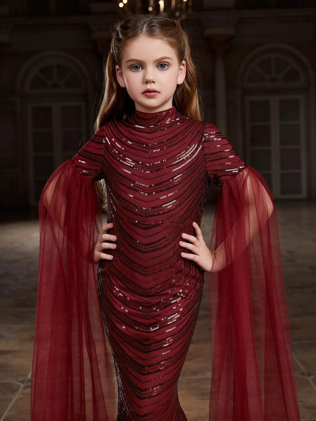 Tween Girls' High Neck Sequin Cape Mermaid Formal Gown — authorized product image 11