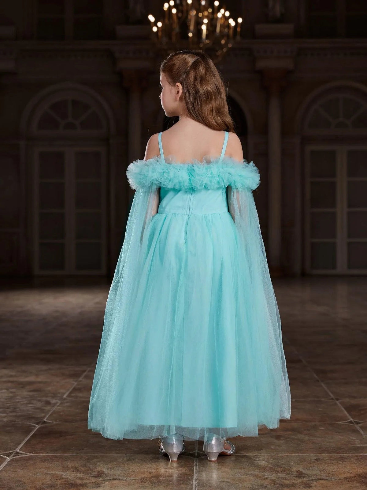 Additional product view of Ruffle Trim Off-Shoulder A-Line Long-Sleeve Mesh Tween Girls' Party Dress