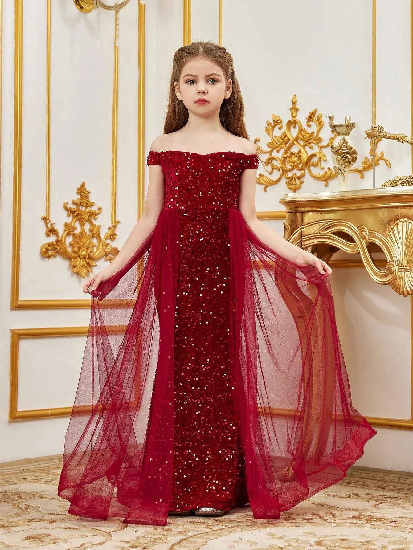 Alternate view of Mesh Overlay Off-Shoulder Sequin Mermaid Short-Sleeve Maxi Tween Girls' Party Dress in Red