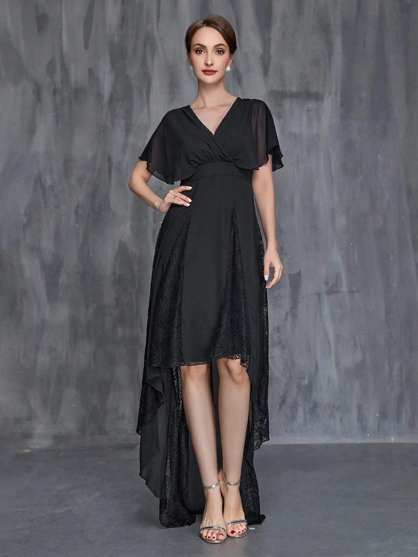 Mother-of-the-Bride V-Neck Chiffon Short-Sleeve A-Line Evening Gown — authorized product image 5