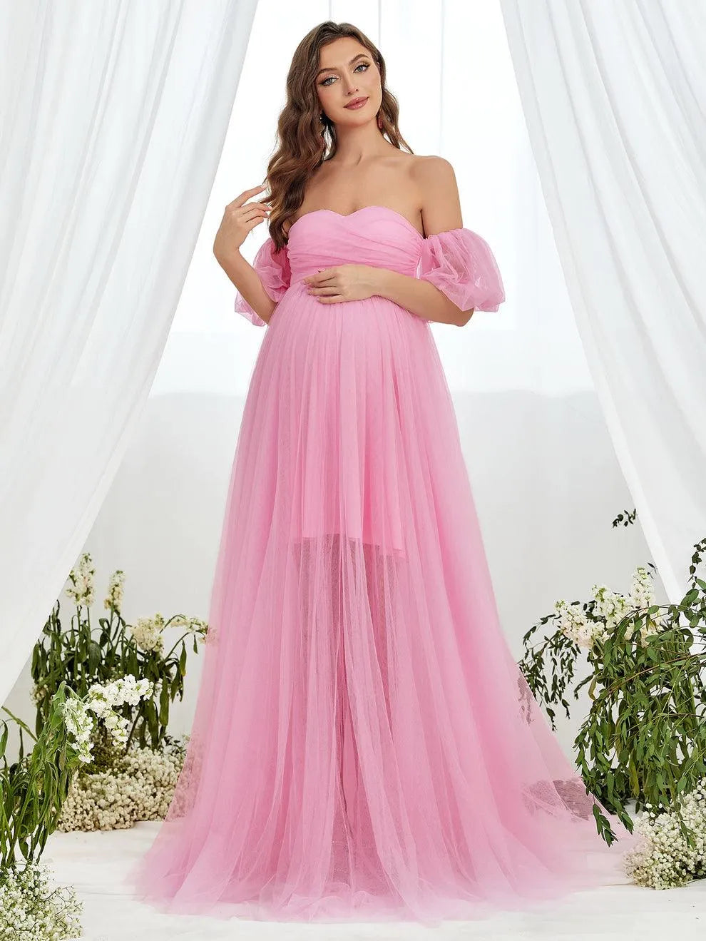 Additional product view of Mesh Overlay Puff-Sleeve Off-Shoulder A-Line Maxi Maternity Evening Dress