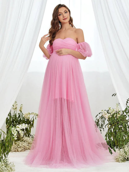 Additional product view of Mesh Overlay Puff-Sleeve Off-Shoulder A-Line Maxi Maternity Evening Dress