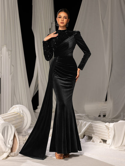 Elegant Velvet Evening Gown with Sequin Detail & Mermaid Silhouette – Luxury Bridal Wear for Weddings or High-End Events, XS-XL