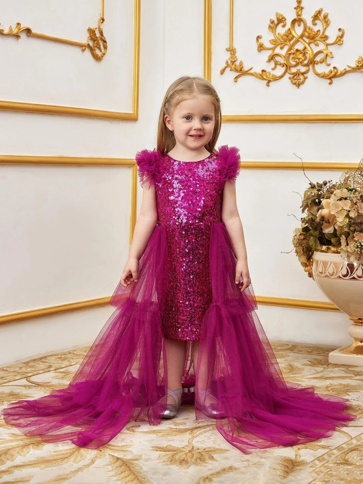 Layered Hem Sequin A-Line Sleeveless Mesh Young Girls' Party Dress in Hot Pink