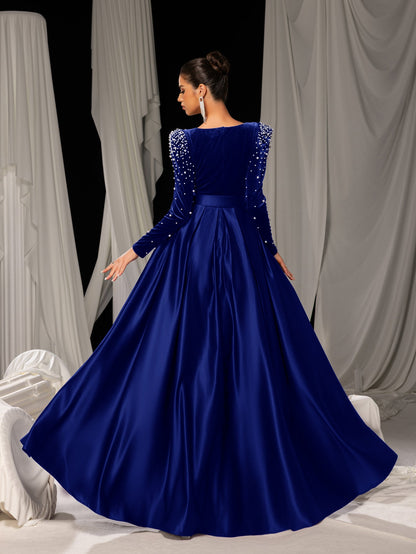 Elegant Evening Gown with Deep V-Neck & Side Slit – Luxurious Satin Gown for Red Carpet, Gala Dinners & High-End Events