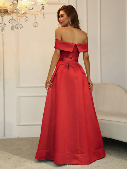 Additional product view of Belted Off-Shoulder Satin High-Slit A-Line Evening Gown