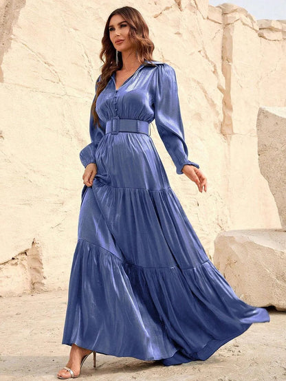 Additional product view of Belted Chiffon A-Line Long-Sleeve Maxi Evening Gown