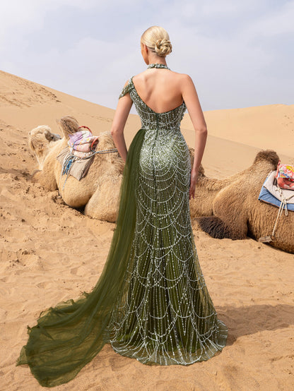 Gorgeous Asymmetrical Neck Draped Side Split Mermaid Hem Beaded Formal Dress Evening Gown – view 17