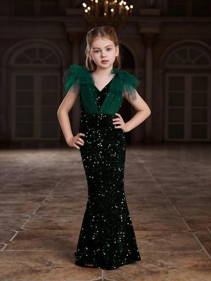Cloak-Sleeve Mermaid Hem V-Neck Sequin Maxi Tween Girls' Party Dress in Dark Green