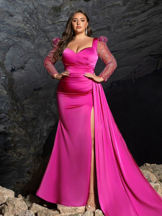 Plus-Size Sweetheart Sequin Satin Long-Sleeve Mermaid Evening Gown — authorized product image 1