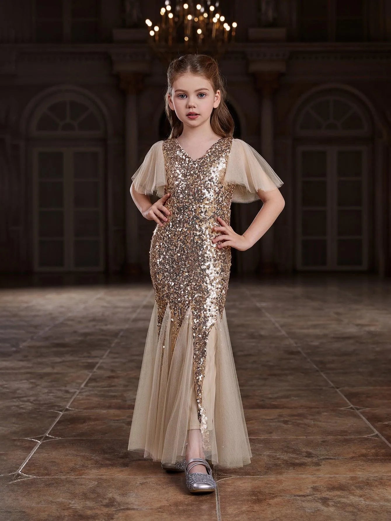 Tween Girls' Butterfly Sleeve Mesh Insert Sequin Party Dress — authorized product image 4
