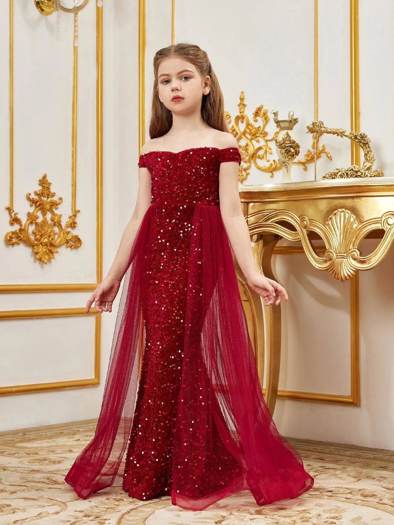 Additional product view of Mesh Overlay Off-Shoulder Sequin Mermaid Short-Sleeve Maxi Tween Girls' Party Dress