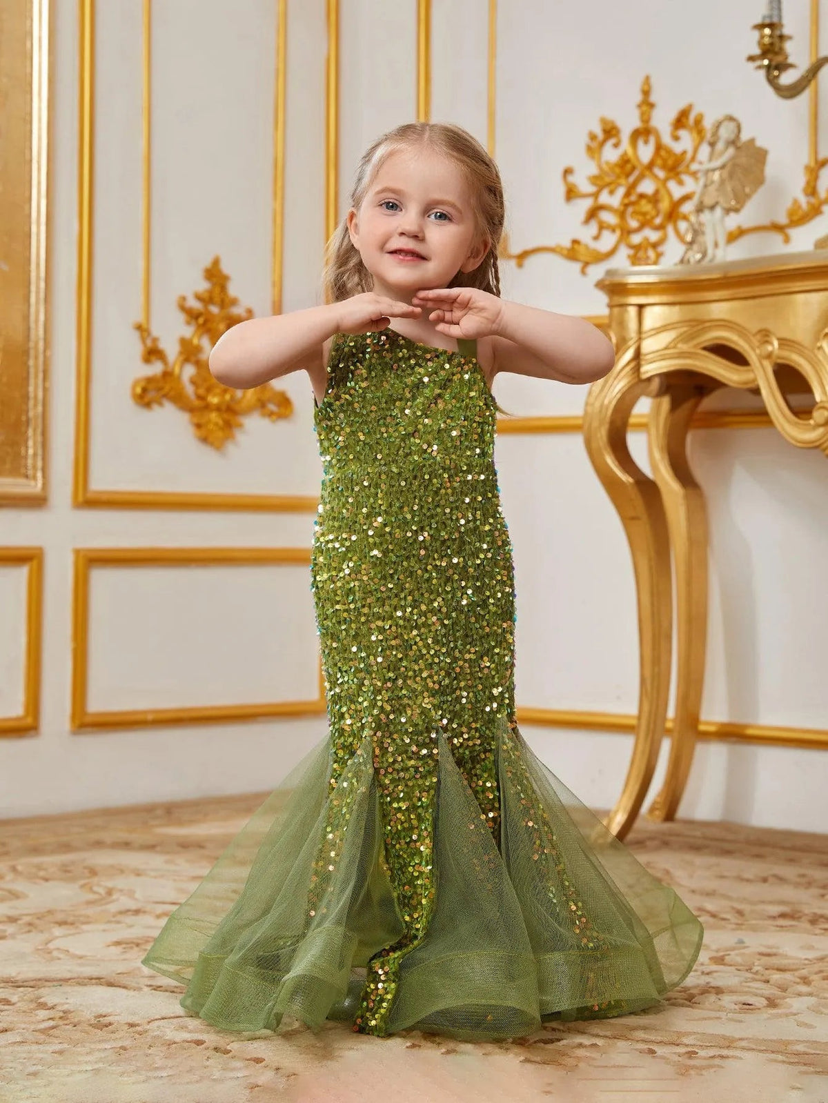 Additional product view of Mesh Insert Mermaid Hem One-Shoulder Sequin Sleeveless Young Girls' Party Dress