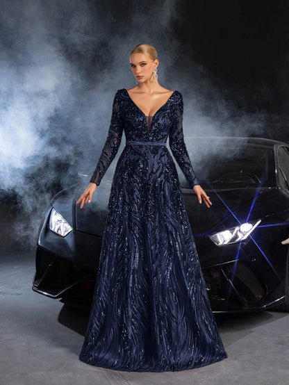 Elegant Plunging Neck Lace-up Back Graphic Sequin Formal Prom Dress