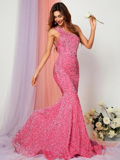 Additional product view of One-Shoulder Sequin Mermaid Sleeveless Maxi Evening Gown