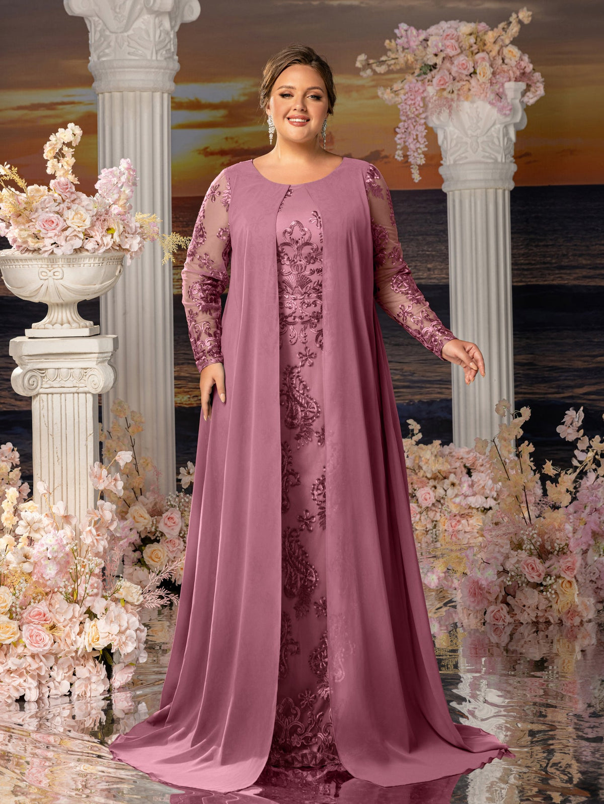Plus-Size Lace Long-Sleeve Mermaid Floral Mother-of-the-Bride Dress in Mauve
