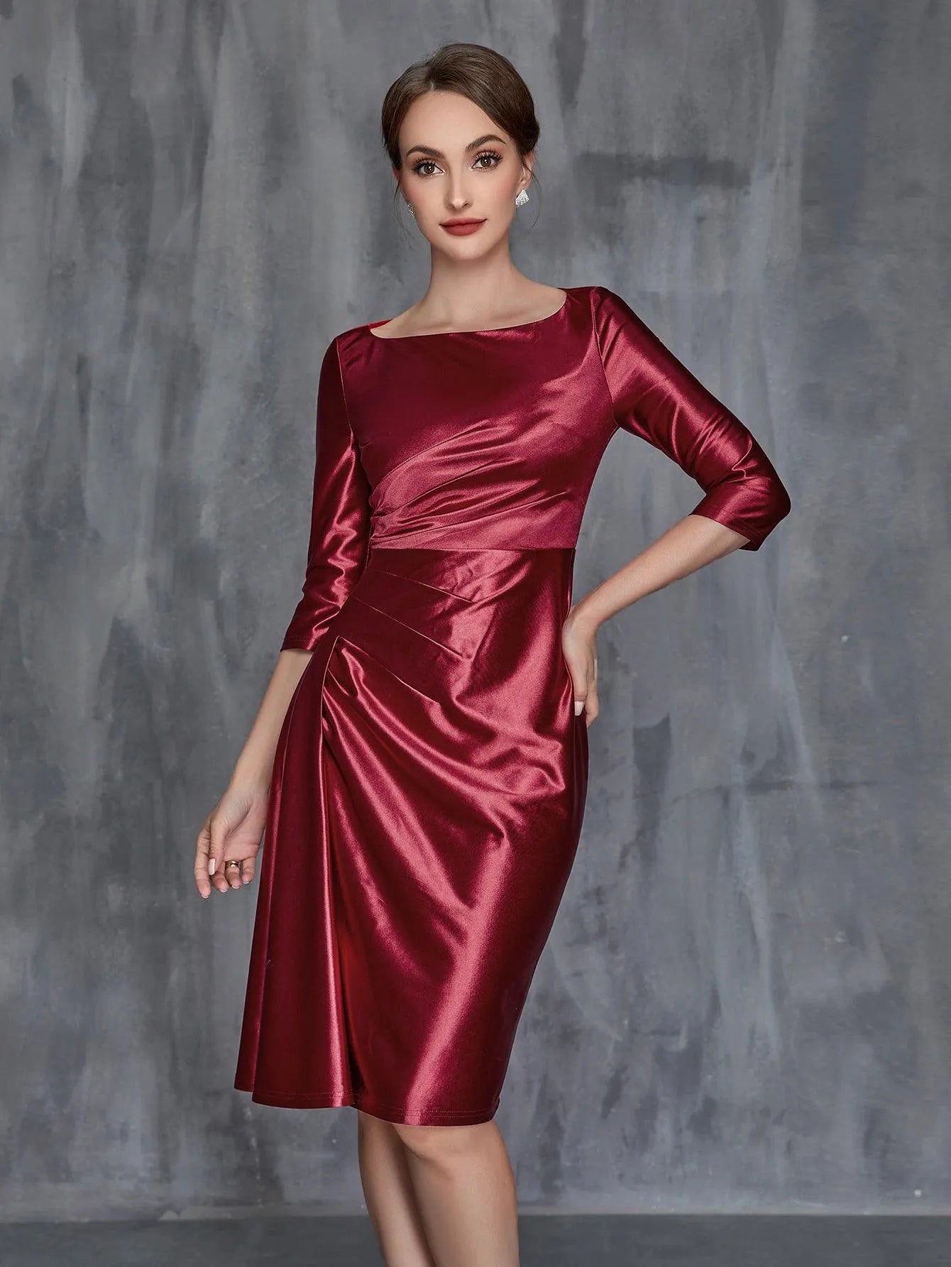 Women's Solid Ruched Wrap Front Satin Dress – view 4