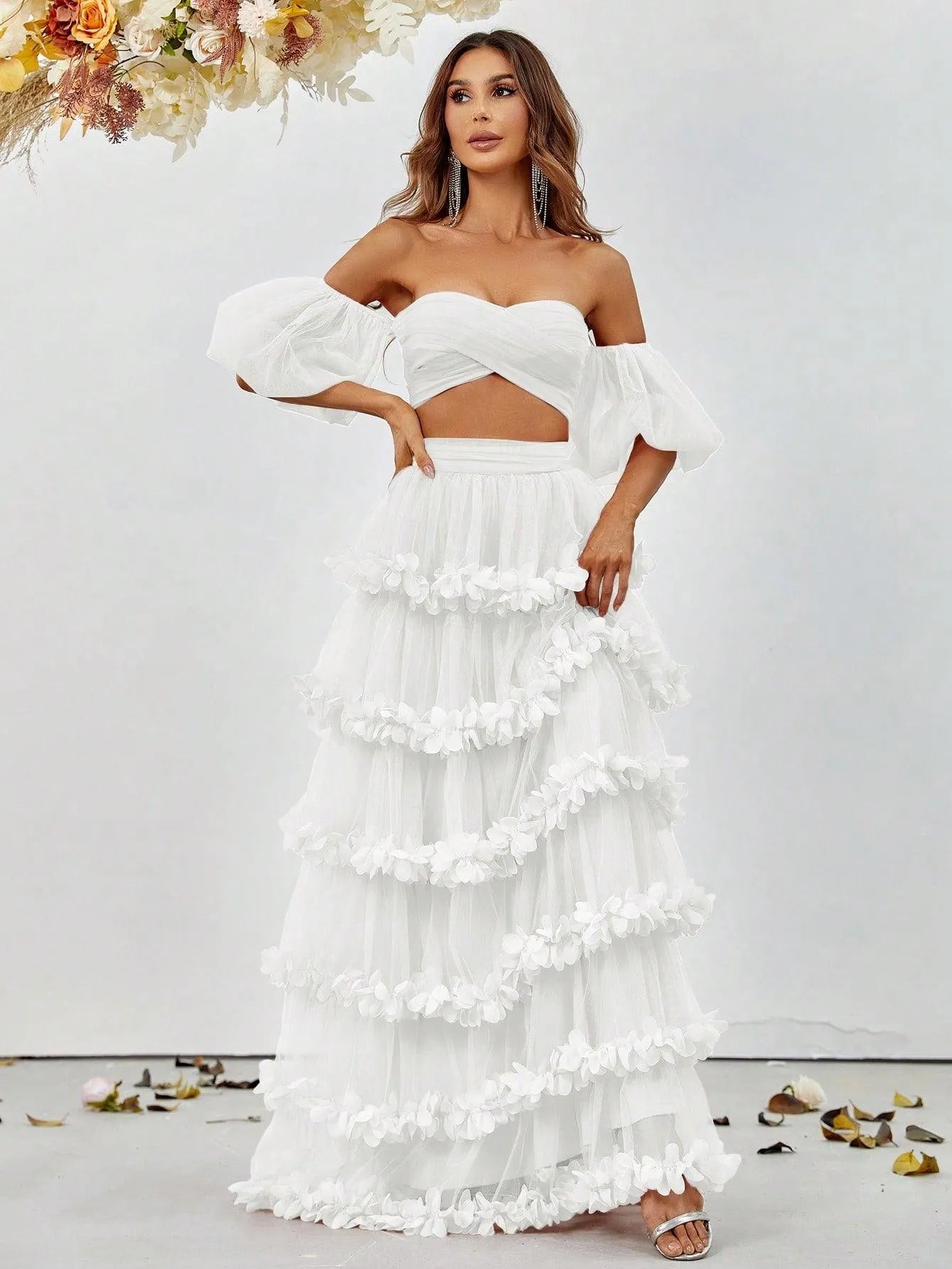 Off-Shoulder Puff Sleeve Crop Top & Frill Trim Mesh Skirt – view 9