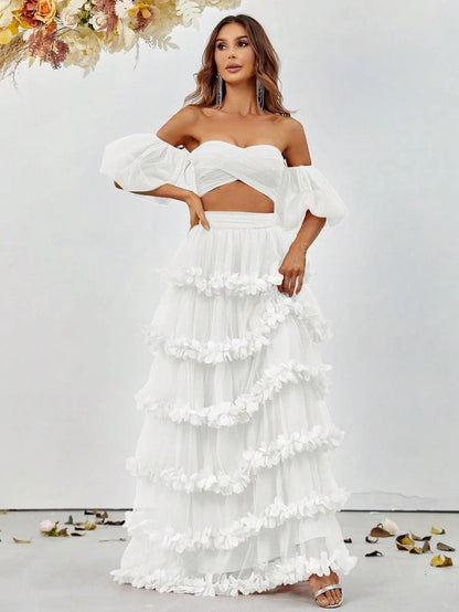 Off-Shoulder Puff Sleeve Crop Top & Frill Trim Mesh Skirt – view 9