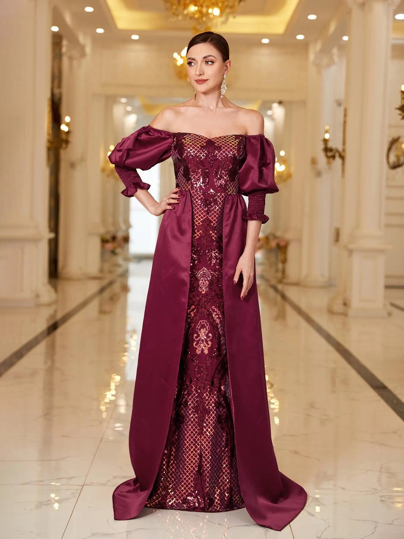 Off-Shoulder Gigot Sleeves Sequin Prom Dress – view 3