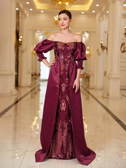 Off-Shoulder Gigot Sleeves Sequin Prom Dress – view 3
