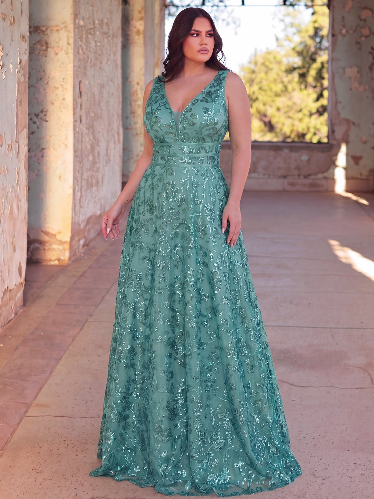 Plus Plunging Meck Backless Floral Sequin Prom Dress