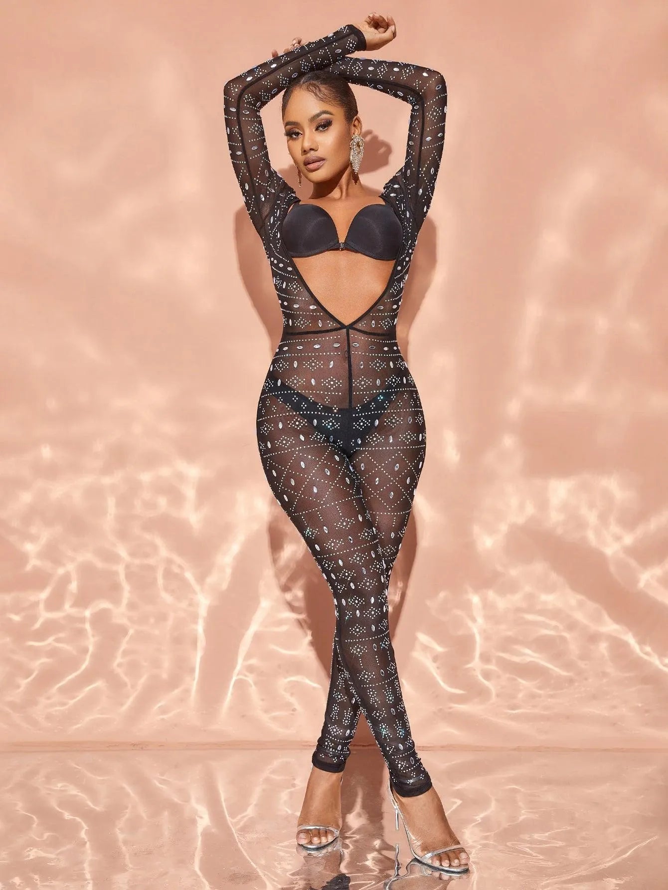 Chic Rhinestone Detail Plunging Neck Sheer Mesh Jumpsuit – view 6