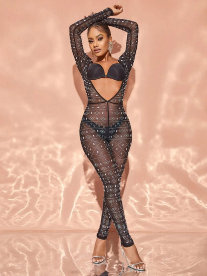 Chic Rhinestone Detail Plunging Neck Sheer Mesh Jumpsuit – view 6