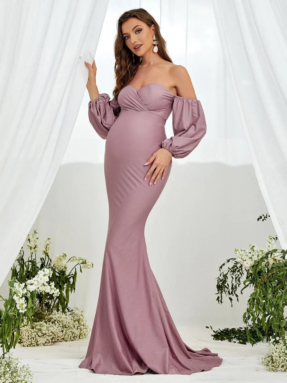 Additional product view of Off-Shoulder Knit Mermaid Long-Sleeve Maxi Maternity Evening Dress