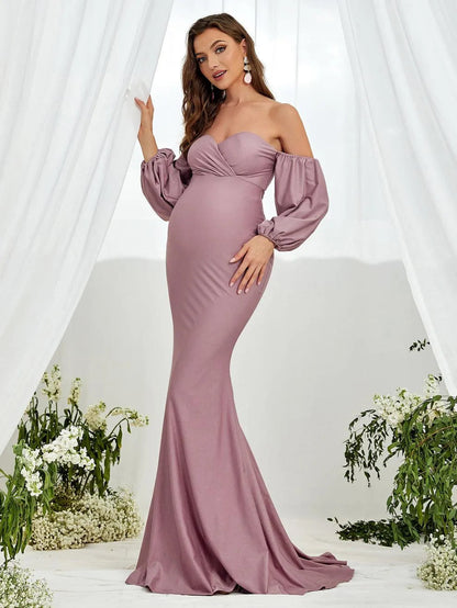 Additional product view of Off-Shoulder Knit Mermaid Long-Sleeve Maxi Maternity Evening Dress