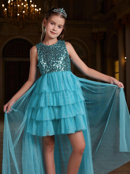 Additional product view of Layered Hem Sequin A-Line Sleeveless Mesh Round Neck Tween Girls' Party Dress