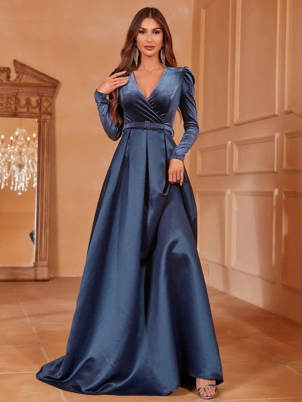 Additional product view of Surplice-Neck Belted V-Neck Satin A-Line Evening Gown