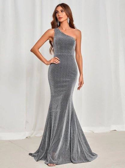 One-Shoulder Backless Mermaid Hem Glitter Dress — authorized product image 3
