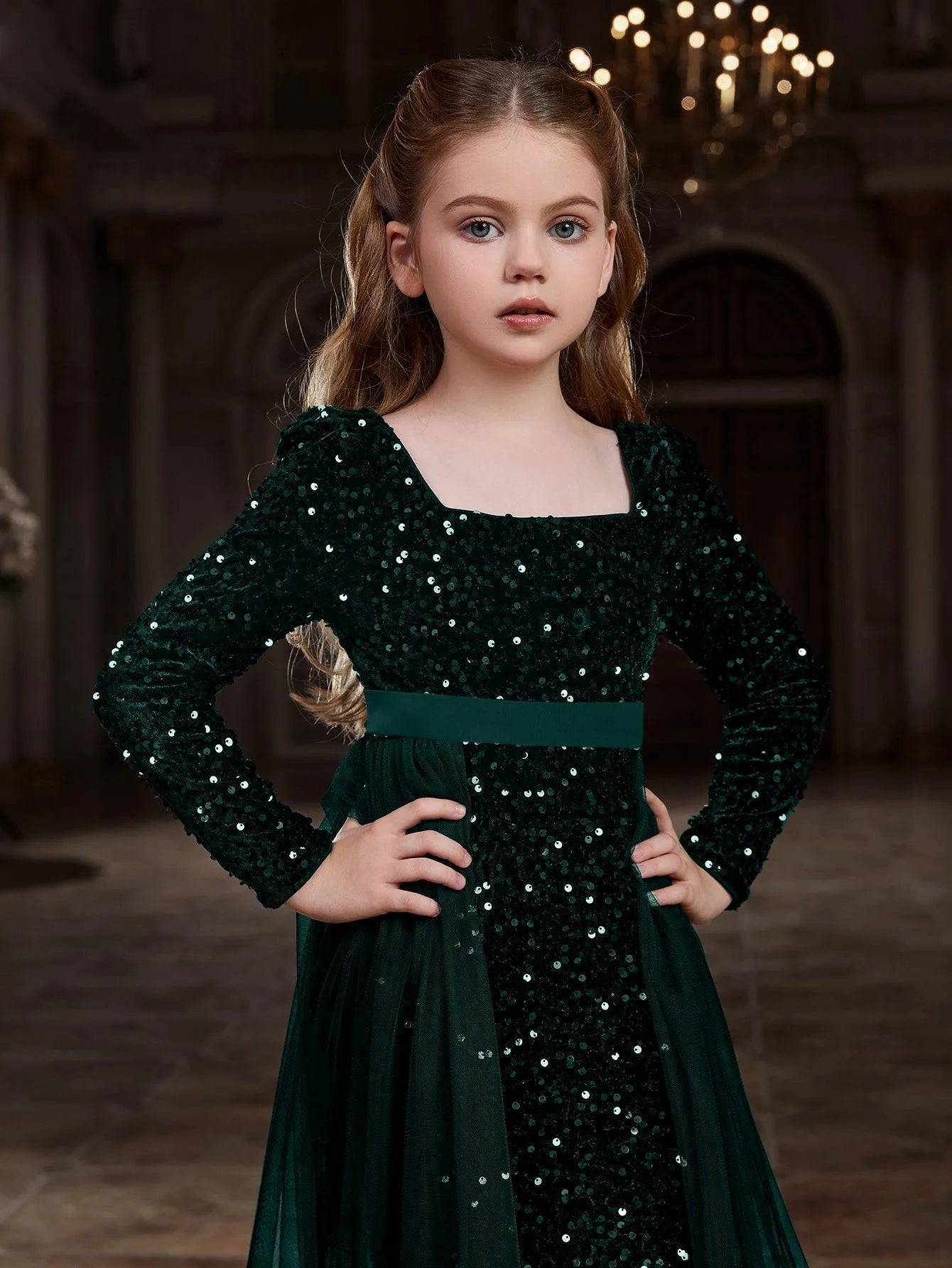 Additional product view of Square-Neck Sequin Mermaid Long-Sleeve Maxi Tween Girls' Party Dress