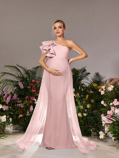 Additional product view of Mesh Overlay Ruffle Trim One-Shoulder Knit Mermaid Maternity Evening Dress