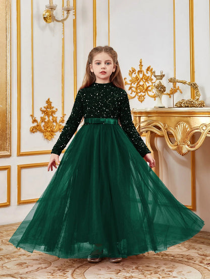 Alternate view of Bow Detail Mock-Neck Sequin A-Line Long-Sleeve Tween Girls' Party Dress in Dark Green