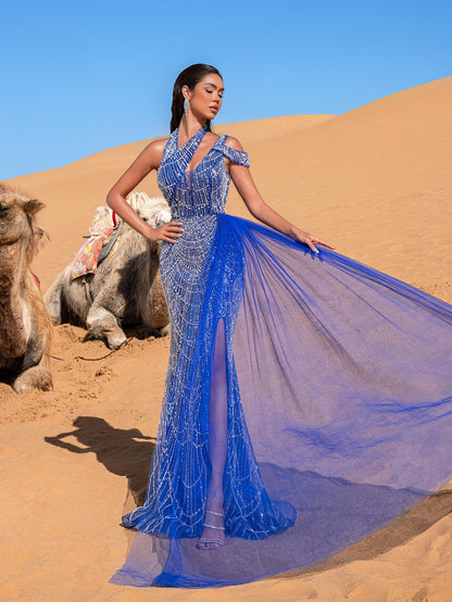 Gorgeous Asymmetrical Neck Draped Side Split Mermaid Hem Beaded Formal Dress Evening Gown – view 12