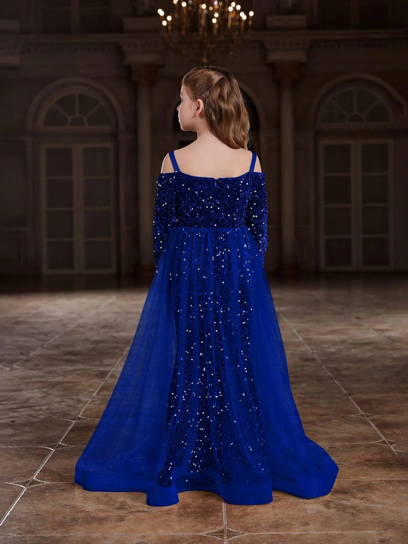 Additional product view of Mesh Overlay Off-Shoulder Sequin Mermaid Long-Sleeve Tween Girls' Party Dress