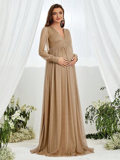 Additional product view of V-Neck Chiffon A-Line Long-Sleeve Maxi Maternity Evening Dress