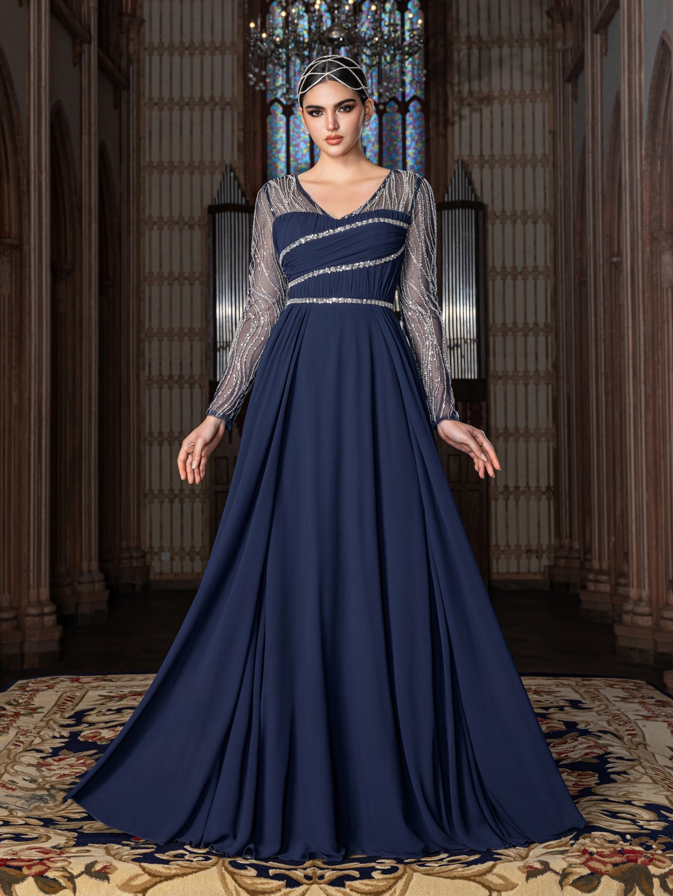 Elegant Chiffon V-Neck Evening Gown with Silver Sequined Translucent Sleeves & Floor-Length Skirt – view 3