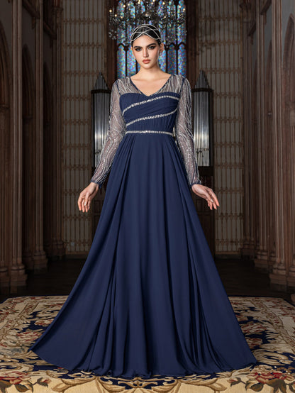 Elegant Chiffon V-Neck Evening Gown with Silver Sequined Translucent Sleeves & Floor-Length Skirt – view 3