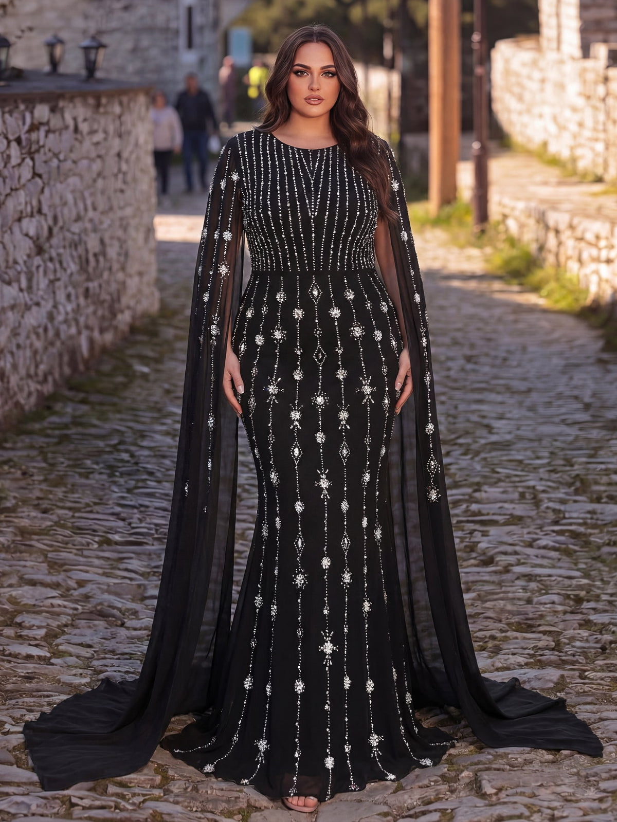 Plus-Size Round Neck Rhinestone Long-Sleeve Mermaid Evening Gown — authorized product image 3