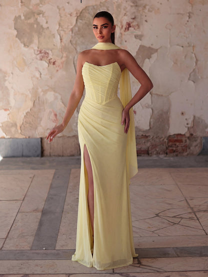 Additional product view of Lace-Up Back Strapless High-Slit Mermaid Sleeveless Evening Gown