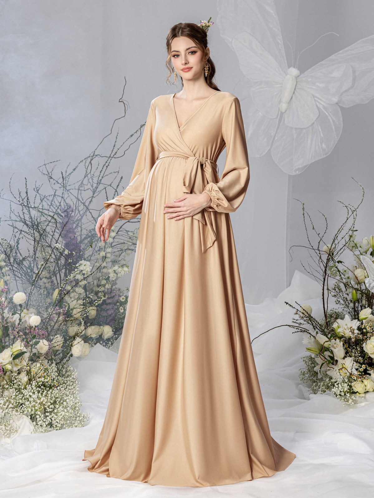 Maternity V-Neck Bow Long-Sleeve A-Line Evening Gown — authorized product image 4