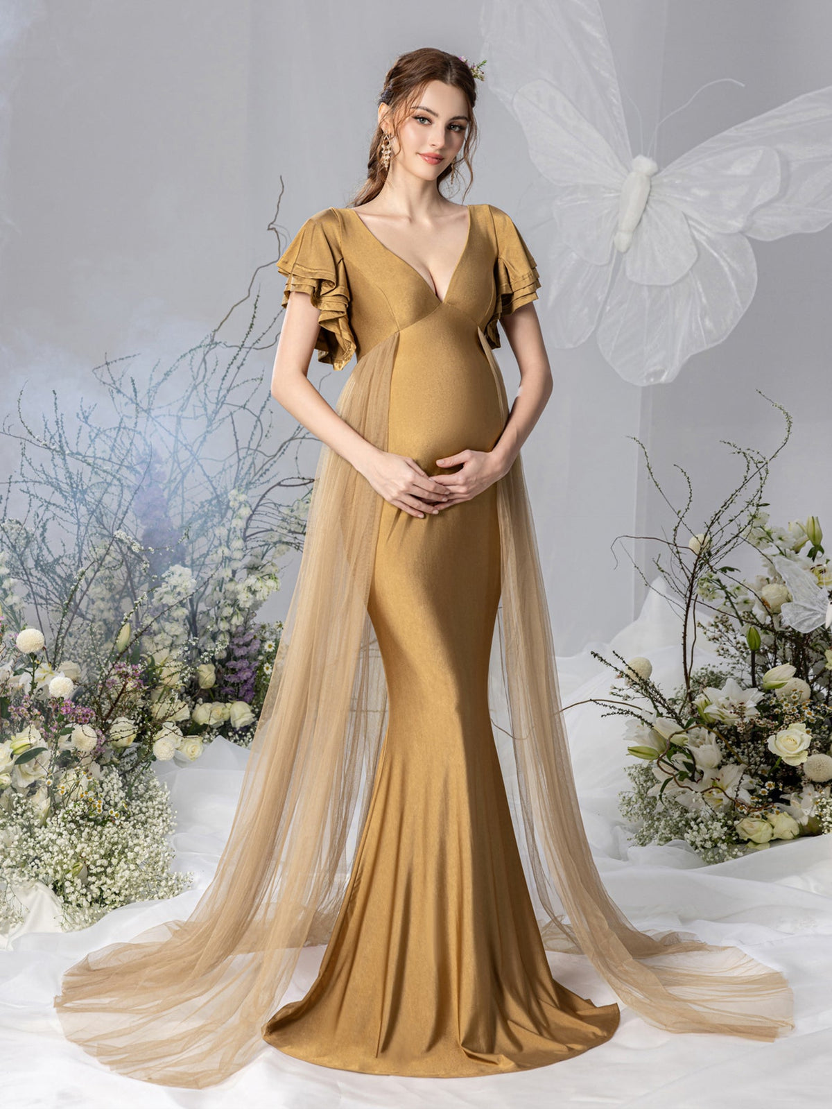 Maternity V-Neck Ruffle-Sleeve Mermaid Evening Dress - product image 5