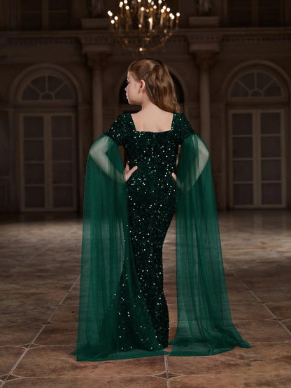 Additional product view of Cloak-Sleeve Square-Neck Sequin Mermaid Maxi Tween Girls' Party Dress